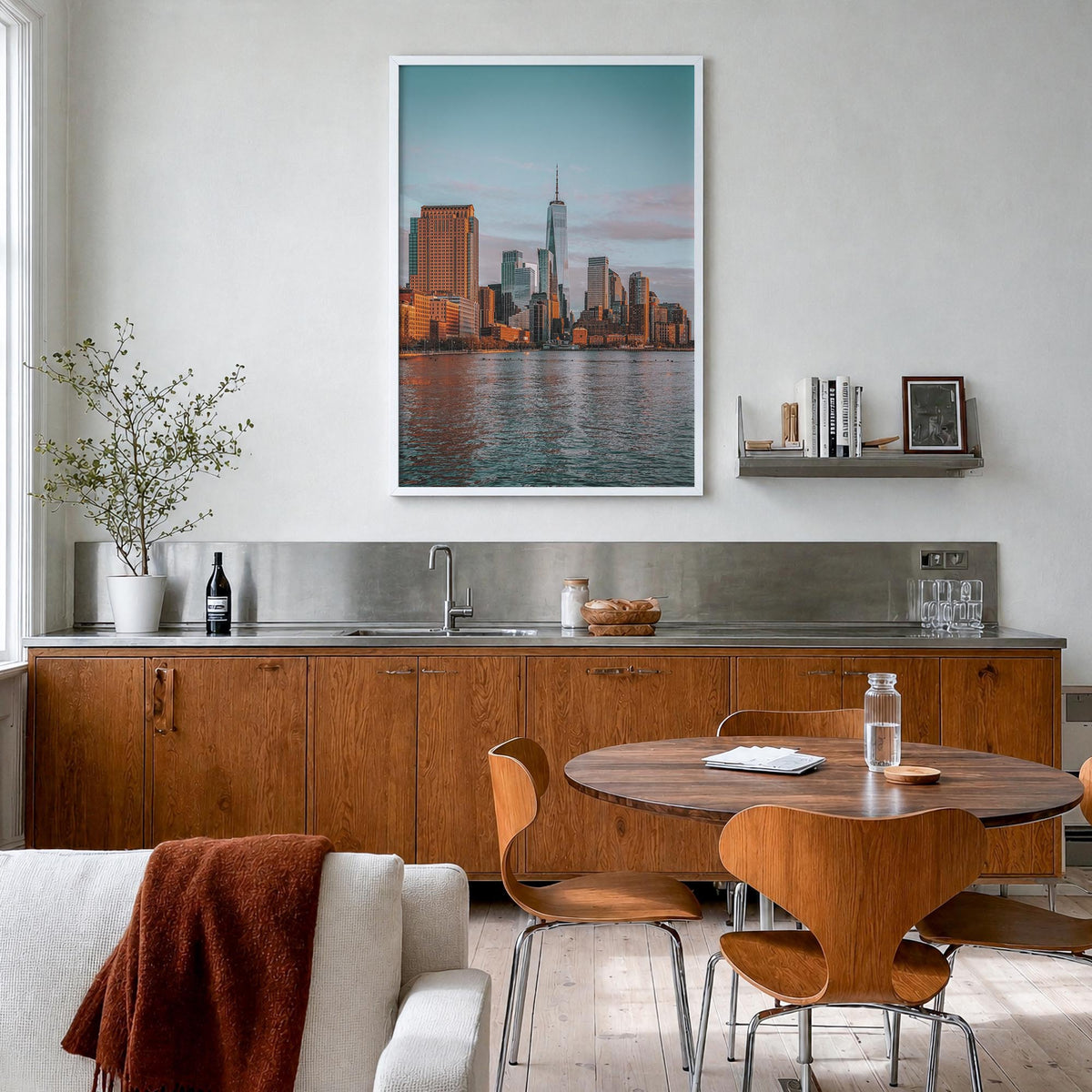 New York City no. 3 colorful photo poster of New York, USA – vertical wall art in white wood frame, hanging on wall