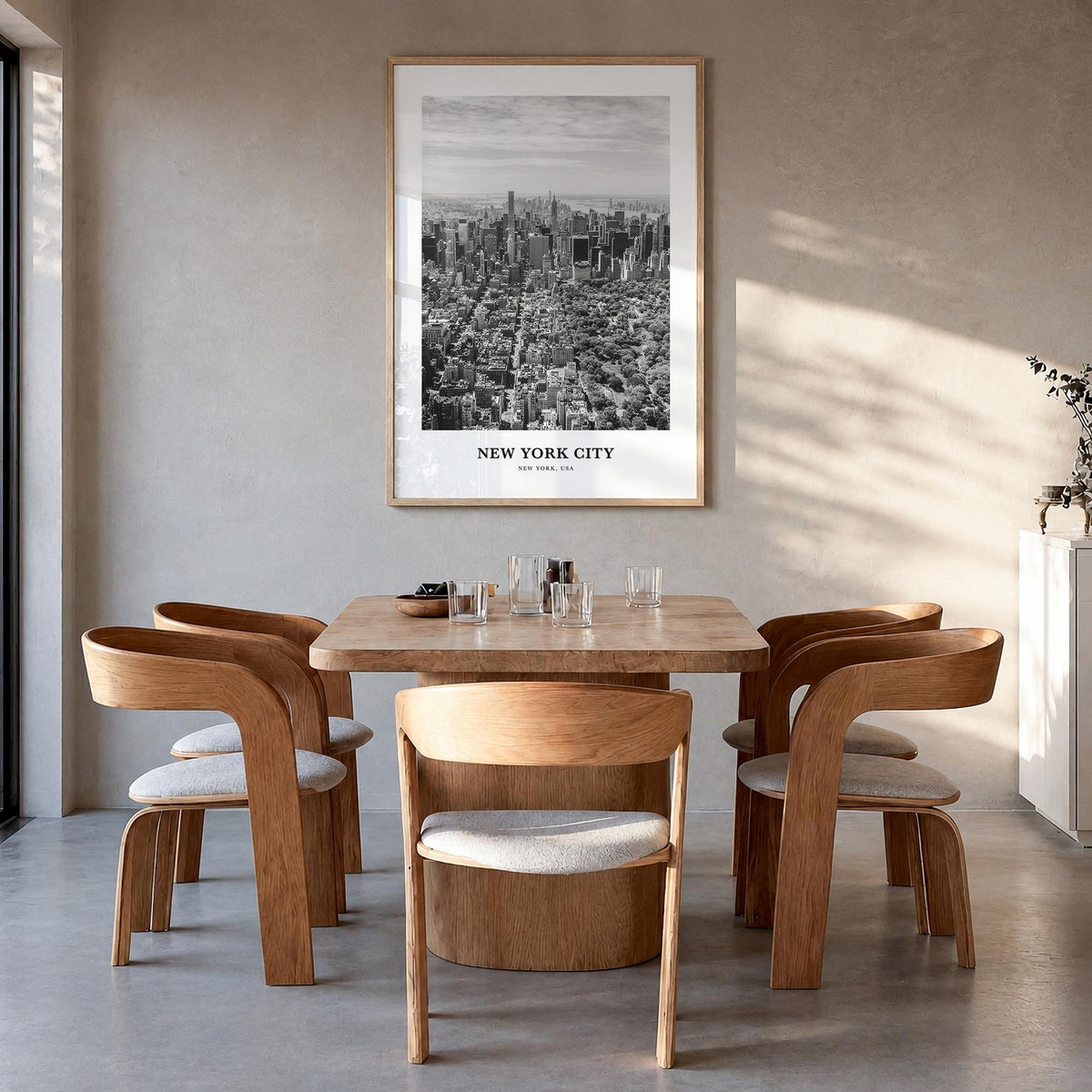 New York City no. 4 black & white classic poster of New York, USA – vertical wall art in natural wood frame, hanging on wall