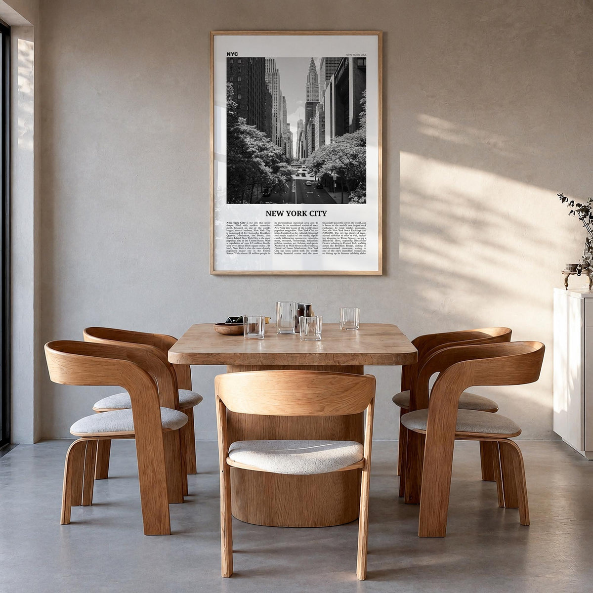 New York City no. 4 black & white newspaper poster of New York, USA – vertical wall art in natural wood frame, hanging on wal