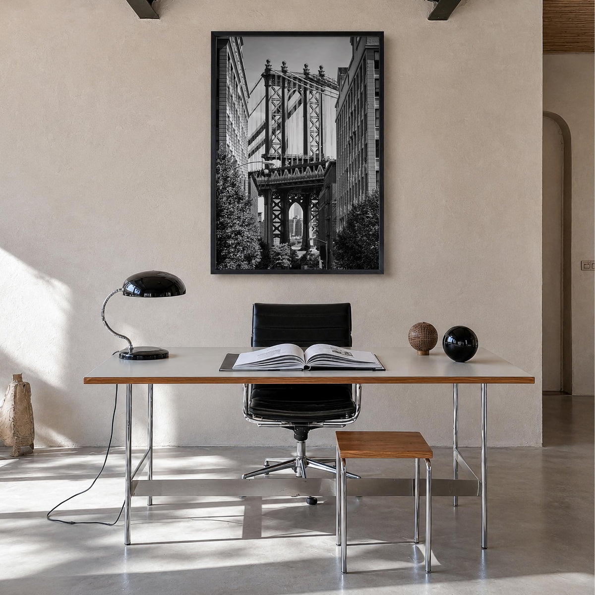 New York City no. 4 black & white photo poster of New York, USA – vertical wall art in black wood frame, hanging on wall