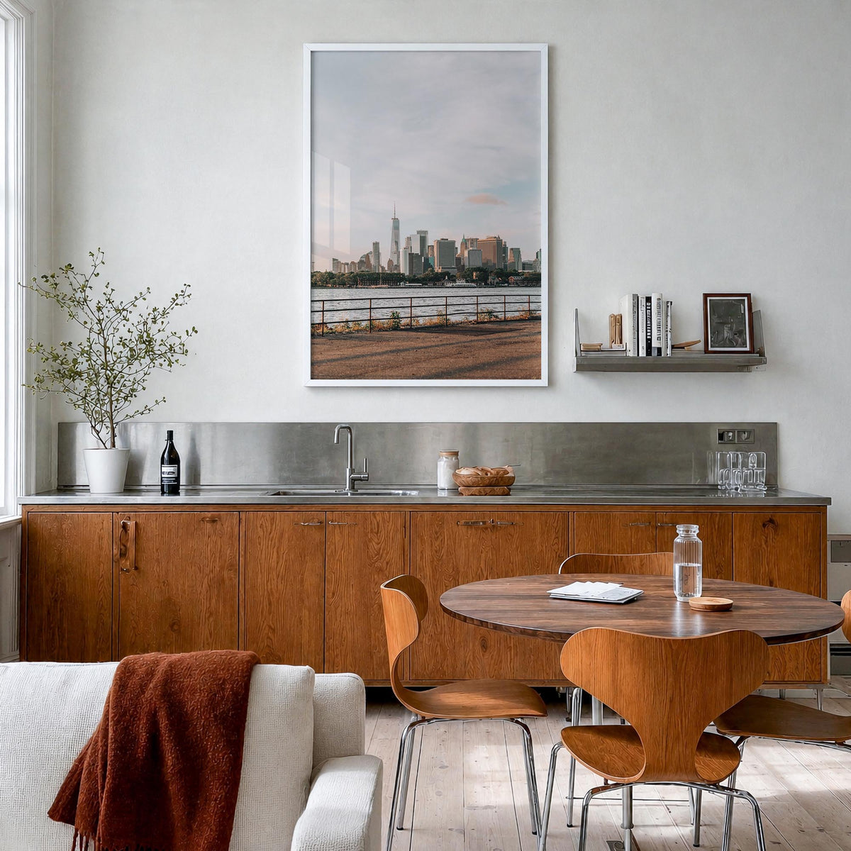 New York City no. 4 colorful photo poster of New York, USA – vertical wall art in white wood frame, hanging on wall