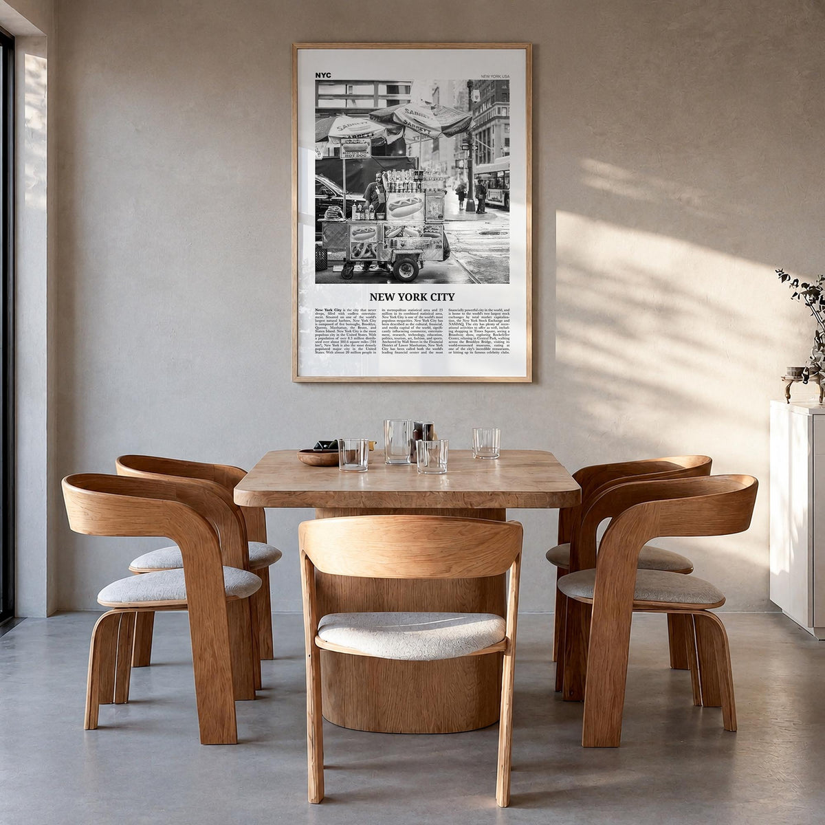 New York City no. 5 black & white newspaper poster of New York, USA – vertical wall art in natural wood frame, hanging on wal