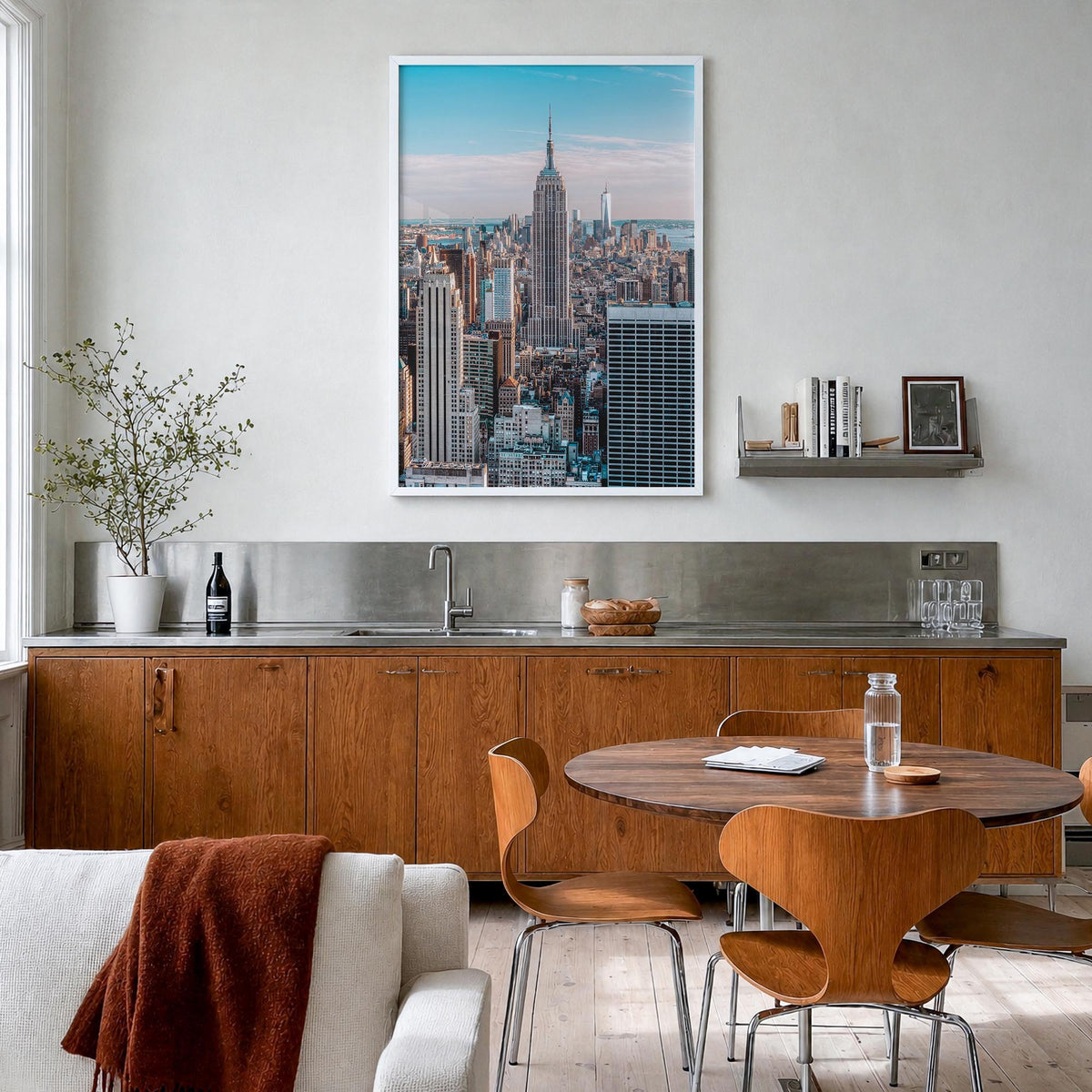 New York City no. 5 colorful photo poster of New York, USA – vertical wall art in white wood frame, hanging on wall