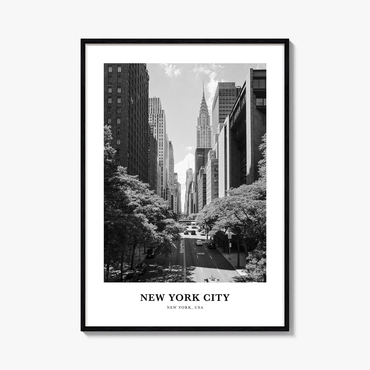 New York City no. 6 black & white classic poster of New York, USA – vertical wall art, unframed print shown in interior mocku