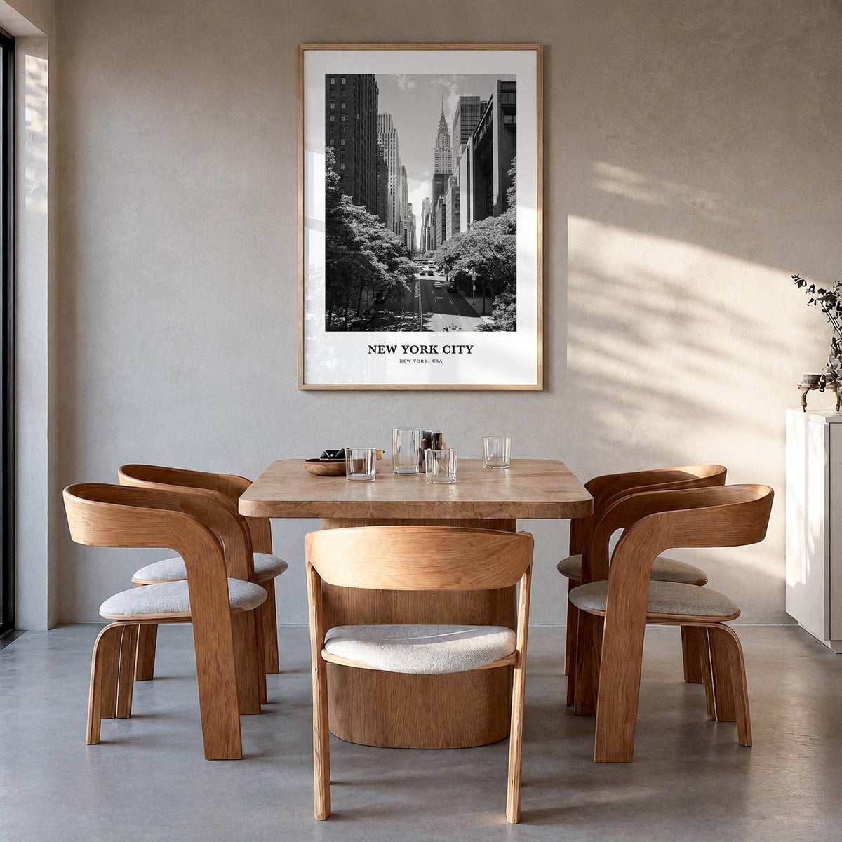 New York City no. 6 black & white classic poster of New York, USA – vertical wall art in natural wood frame, hanging on wall