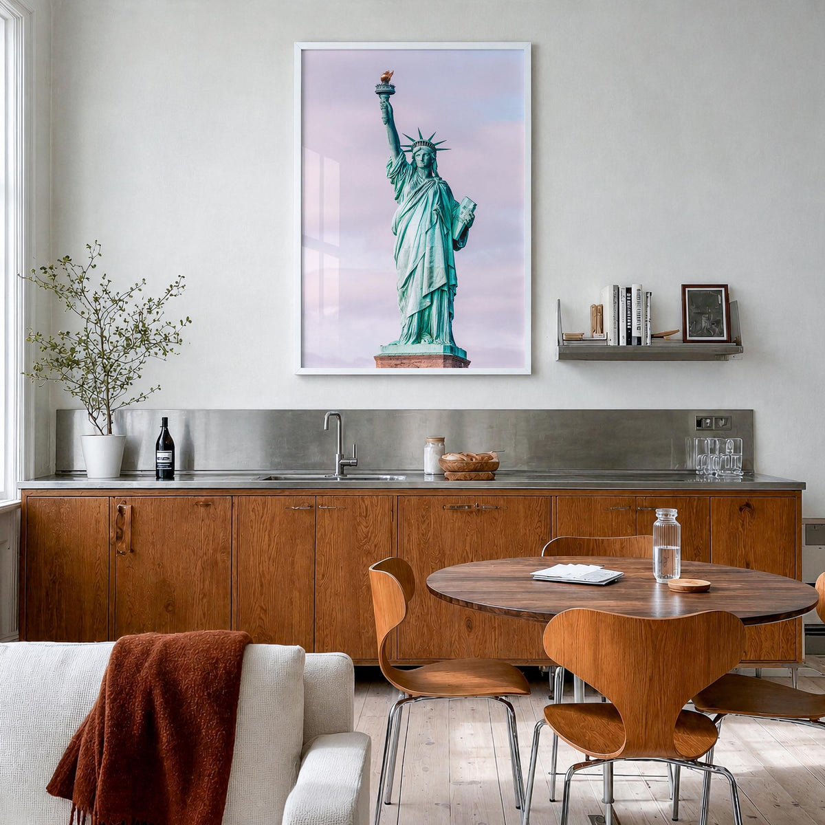New York City no. 6 colorful photo poster of New York, USA – vertical wall art in white wood frame, hanging on wall