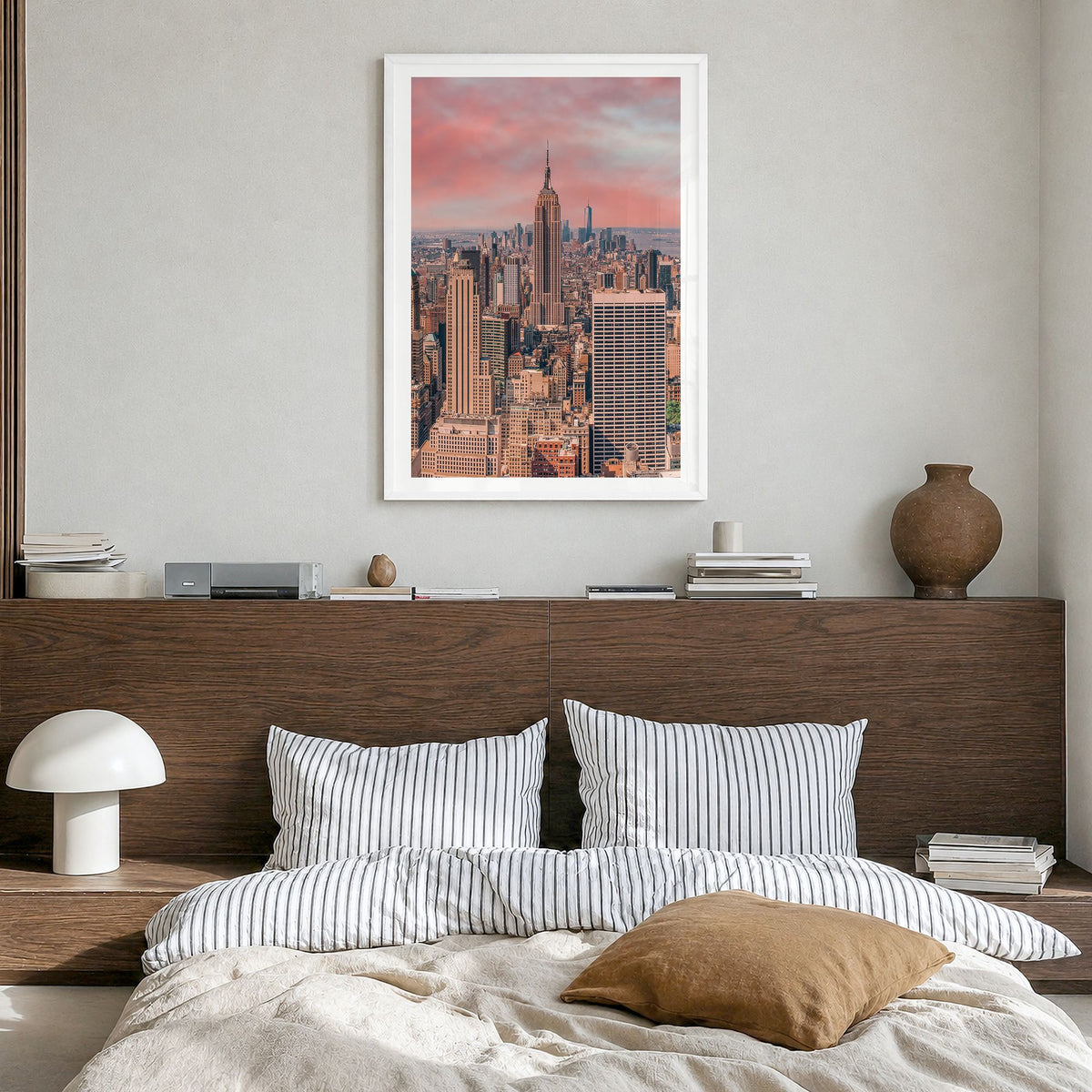 New York City Photo No 1 Poster in a white wood frame, hanging in a bedroom, white border