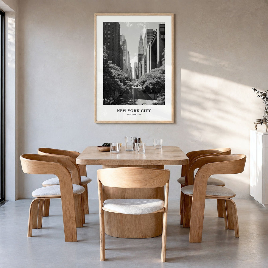 New York City Classic No 6 Poster in a natural wood frame, hanging in a dining room