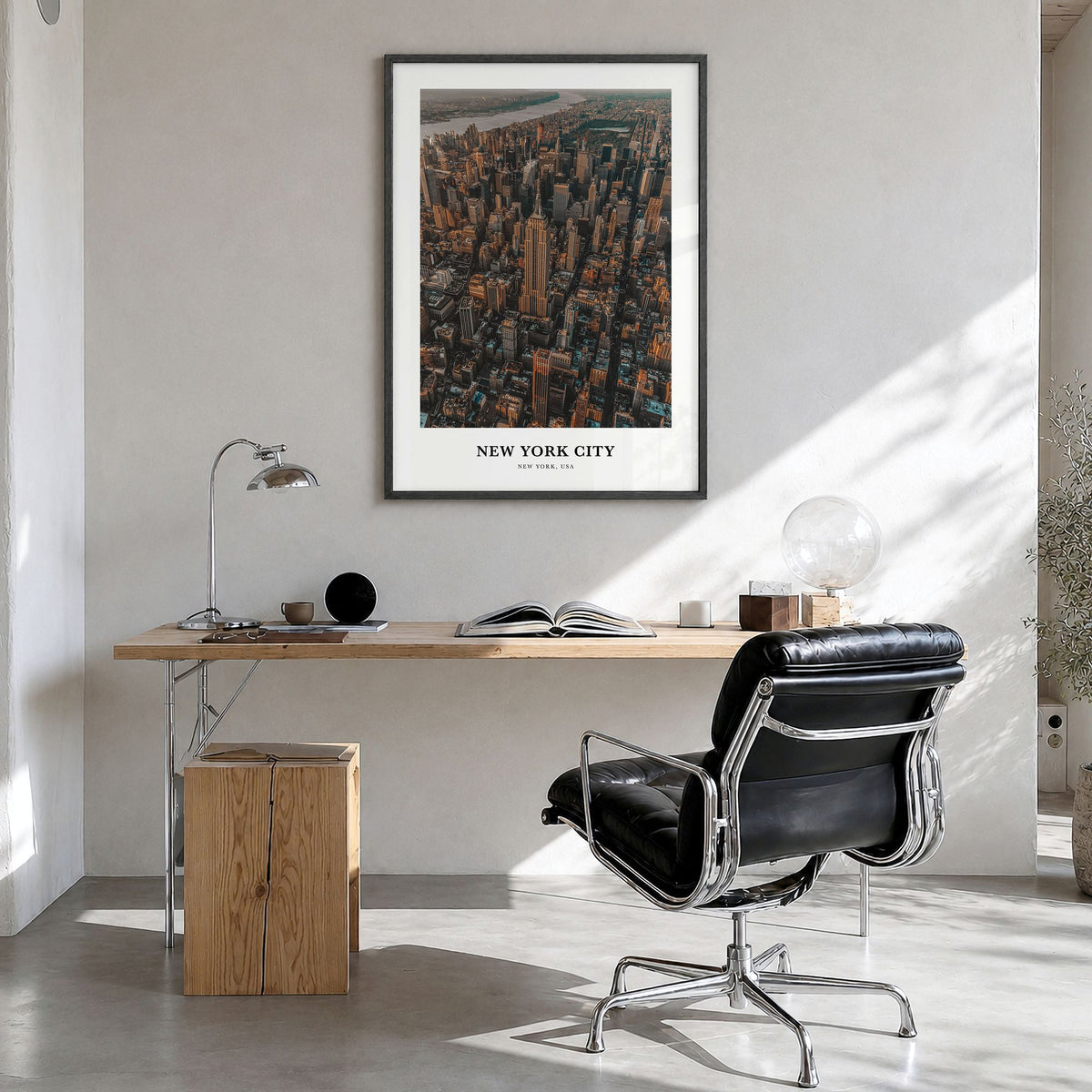 New York City Classic No 3 Poster in a black wood frame, hanging in a bright home office