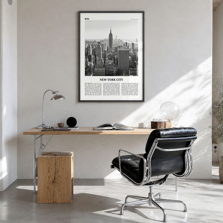 New York City Newspaper No 1 Poster in a black wood frame, hanging in a bright home office