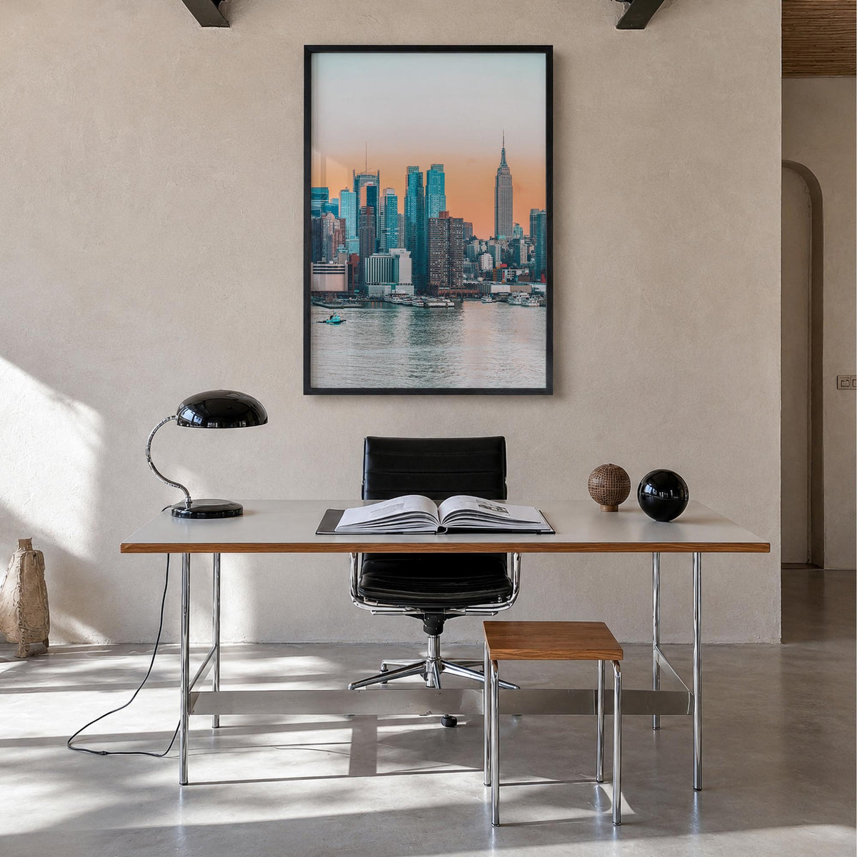New York (State) colorful photo poster of New York, USA – vertical wall art in black wood frame, hanging on wall
