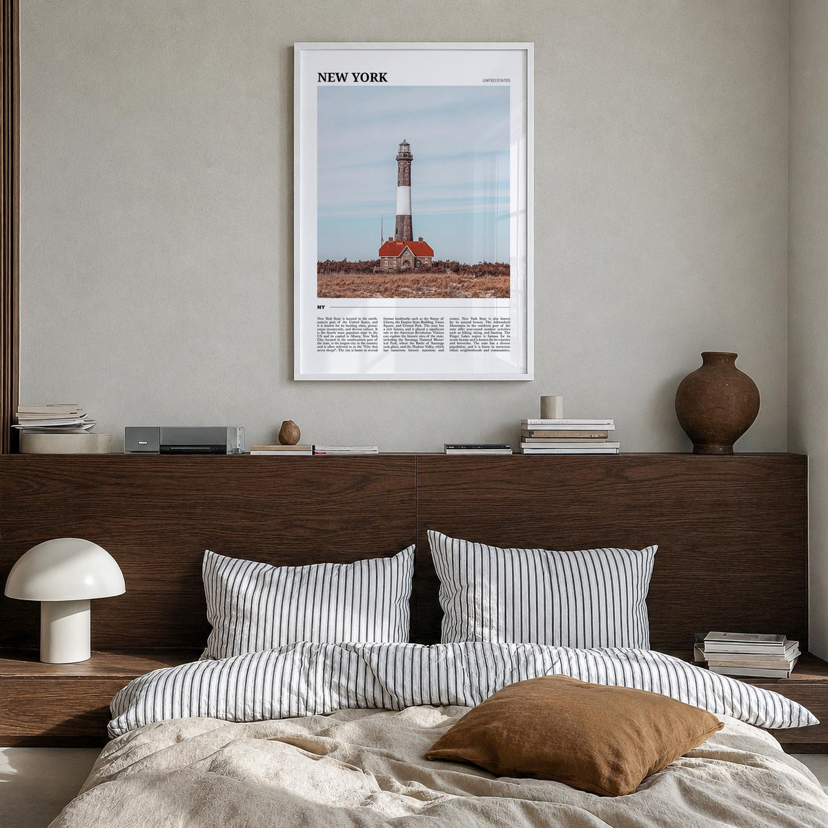 New York (State) colorful travel poster of New York, USA – vertical wall art in white wood frame, hanging on wall