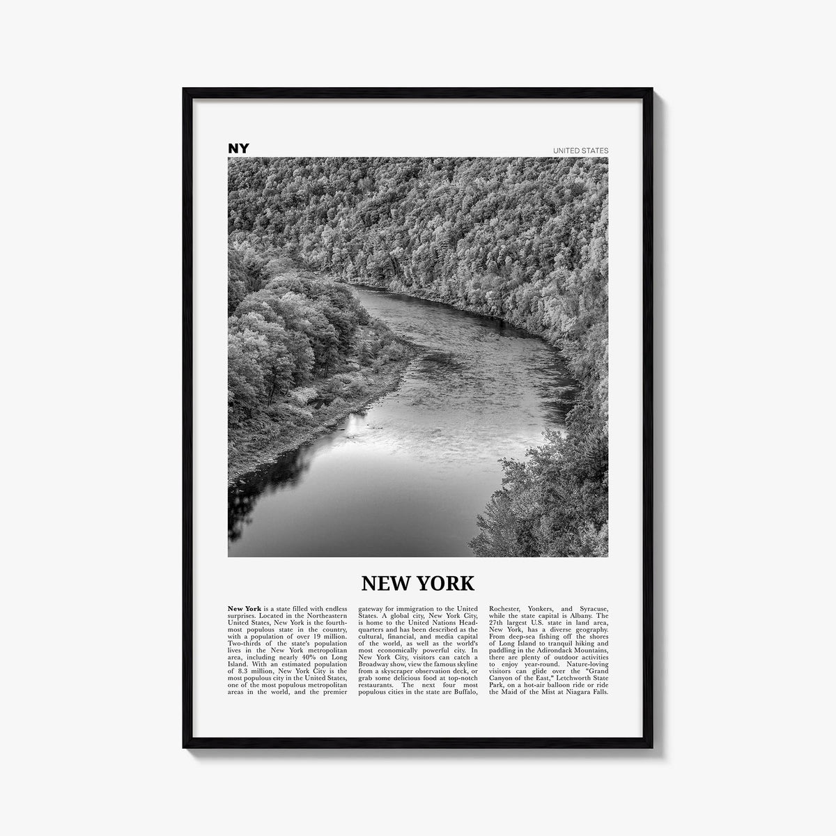 New York (State) no. 2 black & white newspaper poster of New York, USA – vertical wall art, unframed print shown in interior