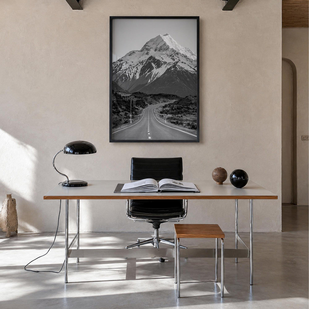 New Zealand black & white photo poster of Oceania – vertical wall art in black wood frame, hanging on wall