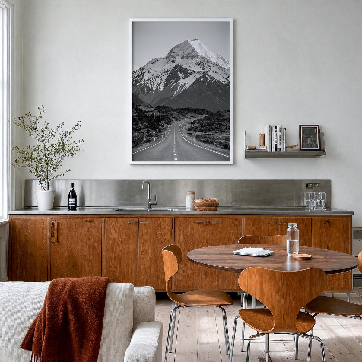 New Zealand black & white photo poster of Oceania – vertical wall art in white wood frame, hanging on wall