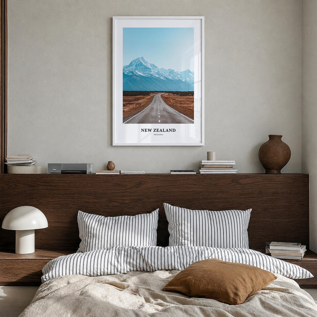 New Zealand colorful classic poster of Oceania – vertical wall art in white wood frame, hanging on wall