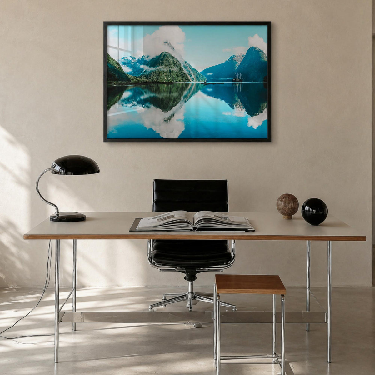 New Zealand colorful photo poster of Oceania – horizontal wall art in black wood frame, hanging on wall