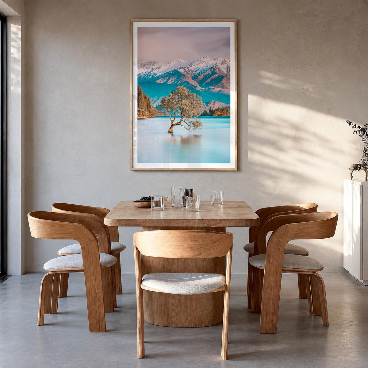 New Zealand colorful photo poster of Oceania – vertical wall art in natural wood frame with white border, hanging on wall