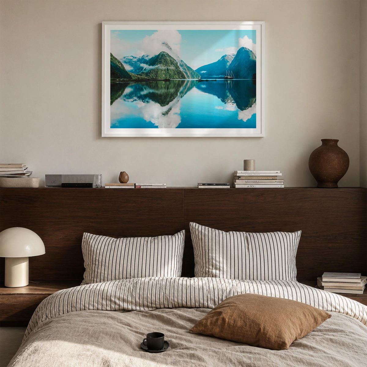 New Zealand colorful photo poster of Oceania – horizontal wall art in white wood frame with white border, hanging on wall