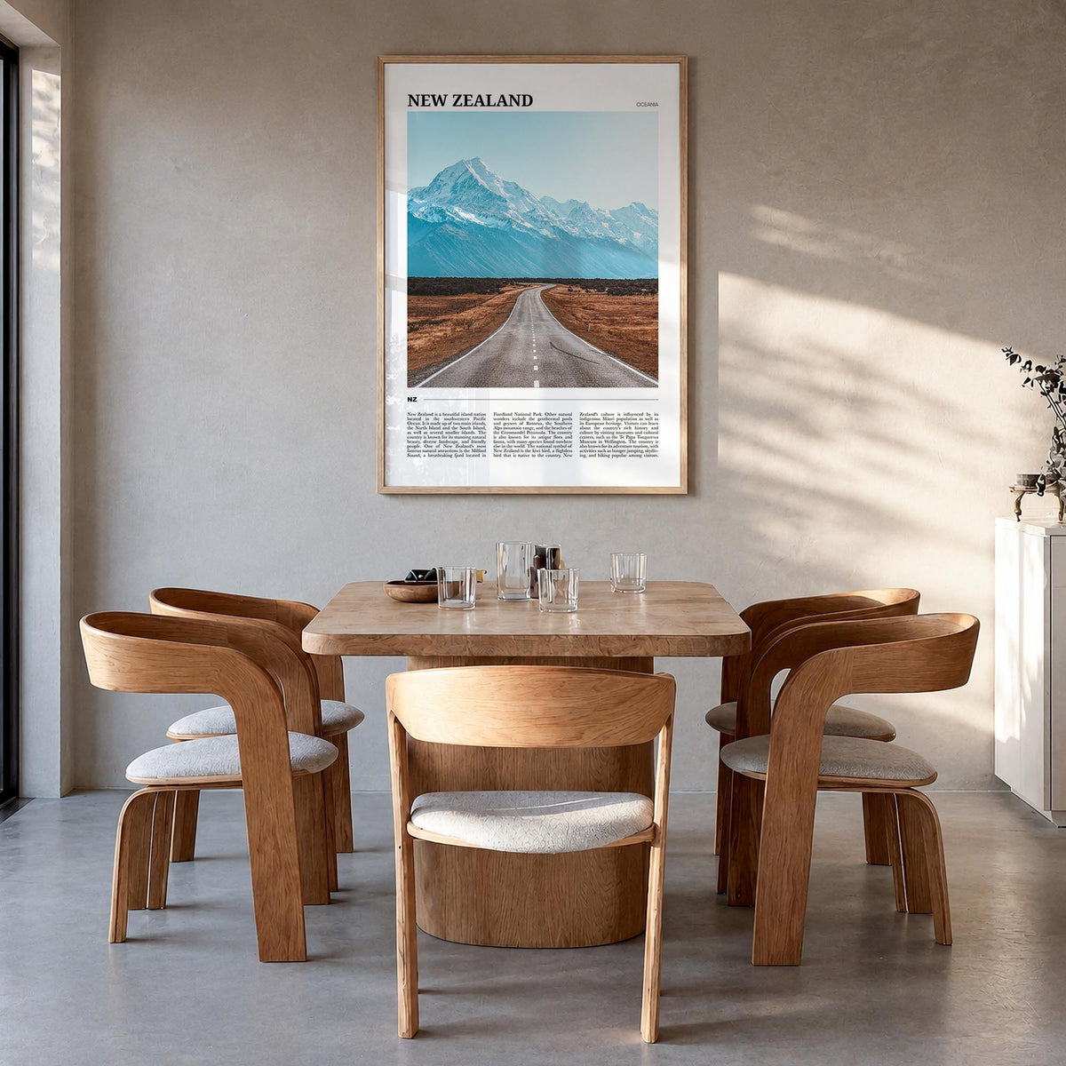 New Zealand colorful travel poster of Oceania – vertical wall art in natural wood frame, hanging on wall