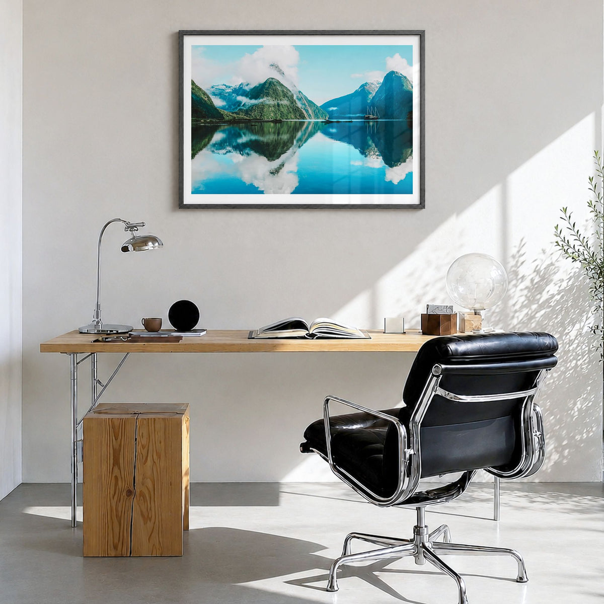 New Zealand Photo Poster in a black wood frame, hanging in a bright home office, white border
