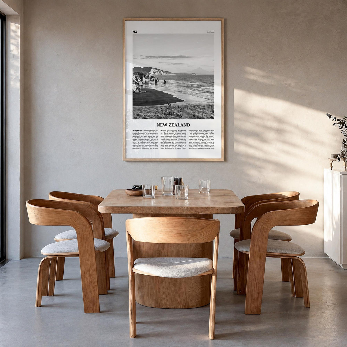 New Zealand no. 2 black & white newspaper poster of Oceania – vertical wall art in natural wood frame, hanging on wall