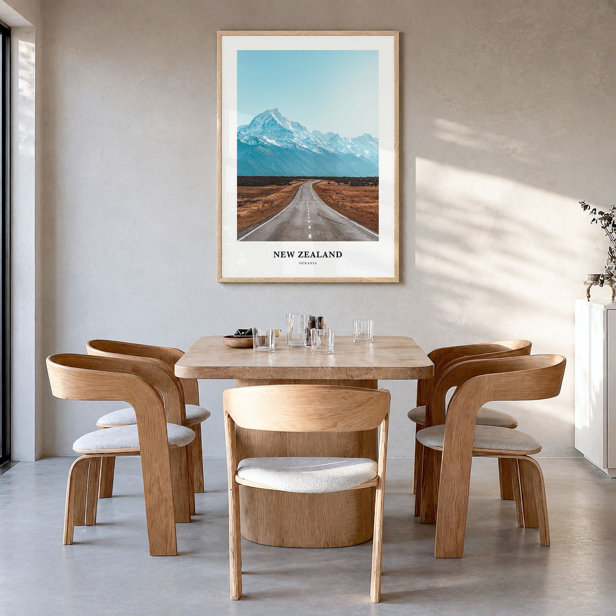 New Zealand Classic Poster in a natural wood frame, hanging in a dining room
