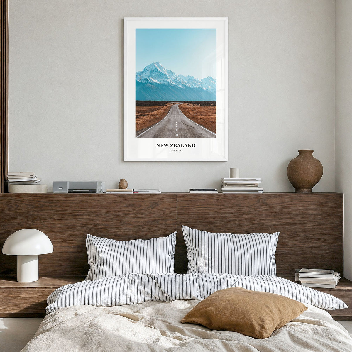 New Zealand Classic Poster in a white wood frame, hanging in a bedroom