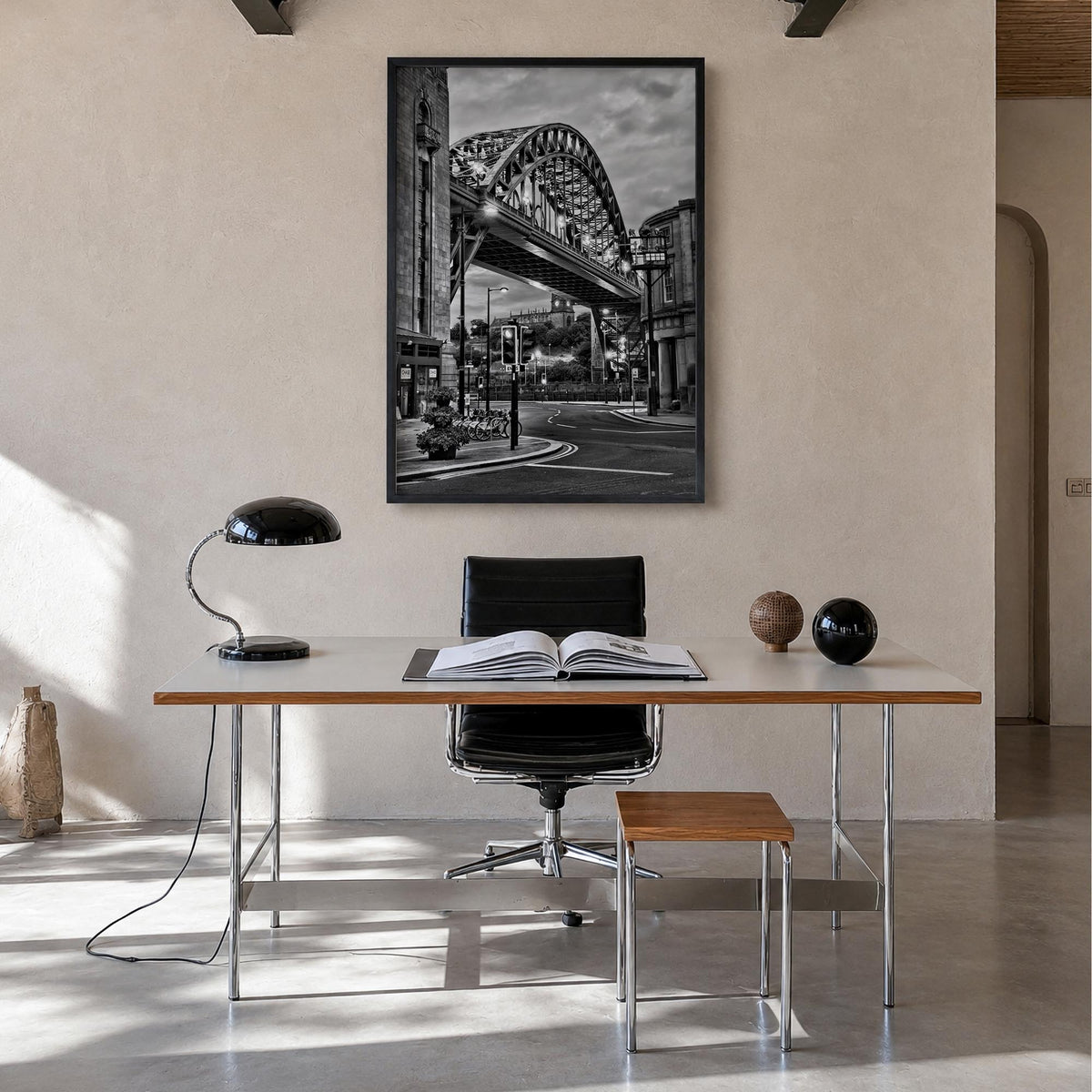 Newcastle upon Tyne black & white photo poster of England, UK – vertical wall art in black wood frame, hanging on wall