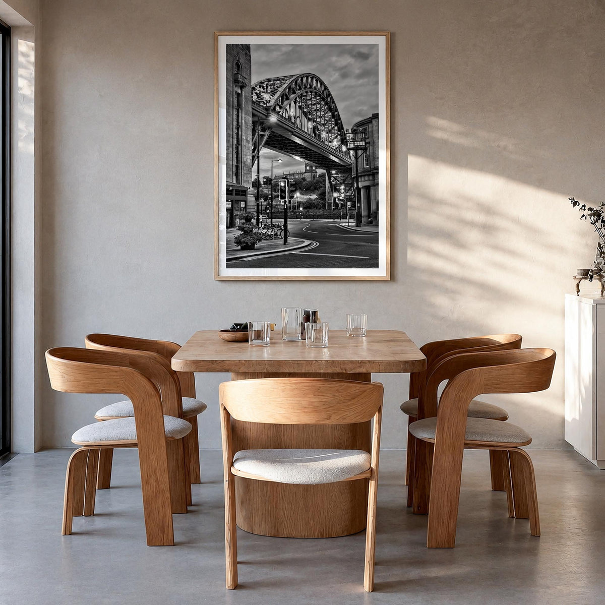 Newcastle upon Tyne black & white photo poster of England, UK – vertical wall art in natural wood frame with white border, ha
