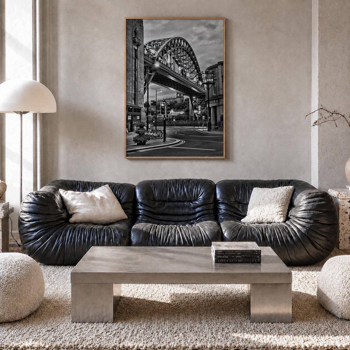 Newcastle upon Tyne black & white photo poster of England, UK – vertical wall art in natural wood frame, hanging on wall