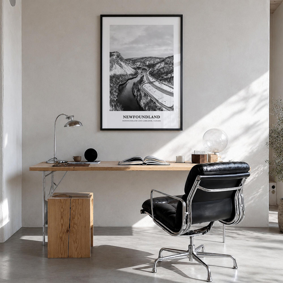 Newfoundland black & white classic poster of Newfoundland and Labrador, Canada – vertical wall art in black wood frame, hangi