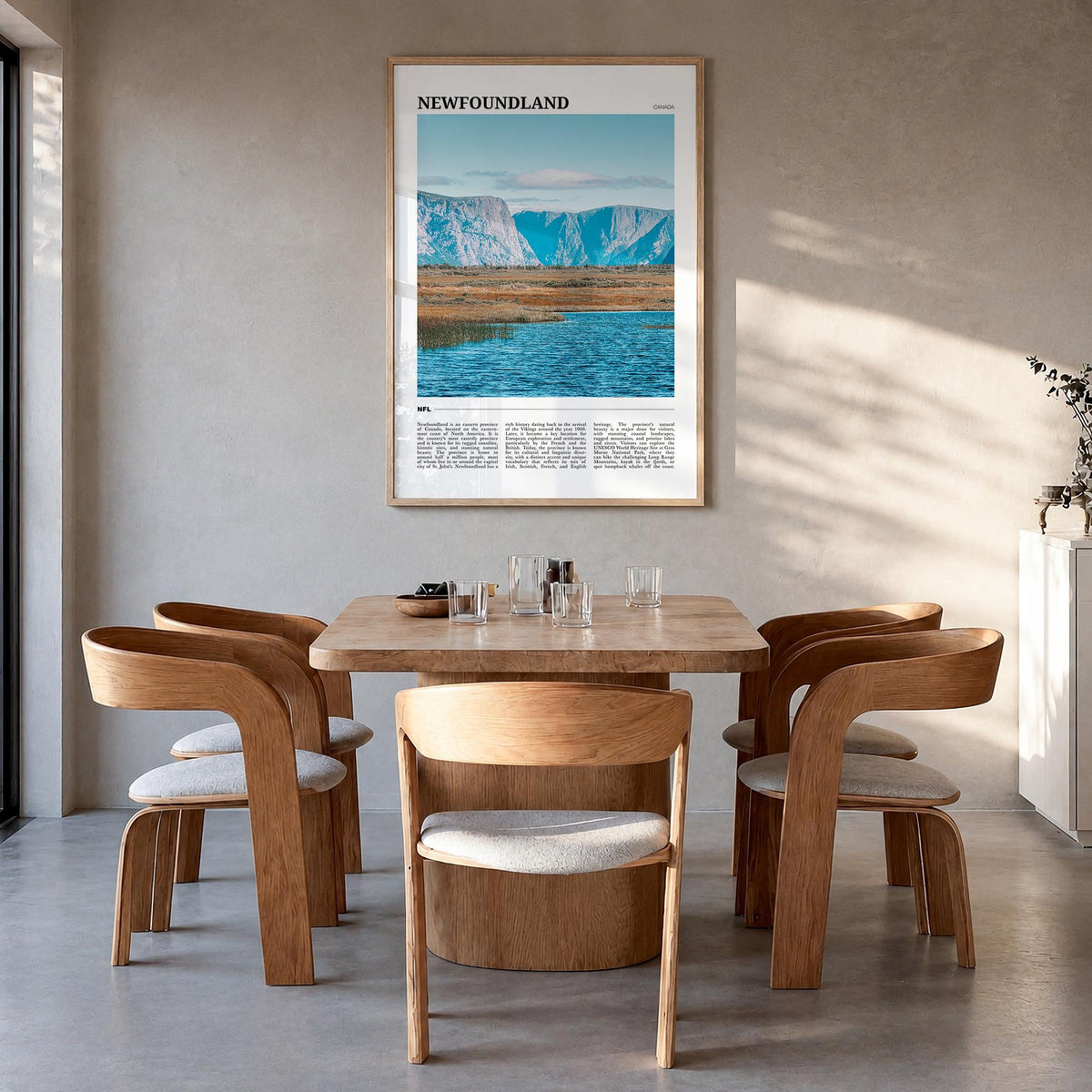Newfoundland colorful travel poster of Newfoundland and Labrador, Canada – vertical wall art in natural wood frame, hanging o