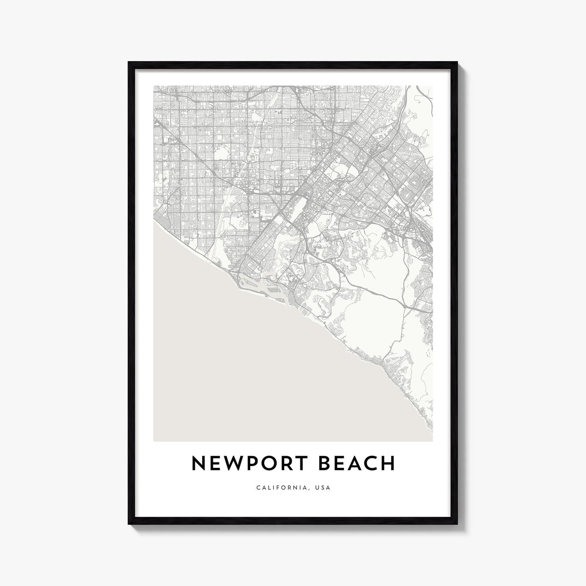 Newport Beach black & white map poster of California, USA – vertical wall art, unframed print shown in interior mockup