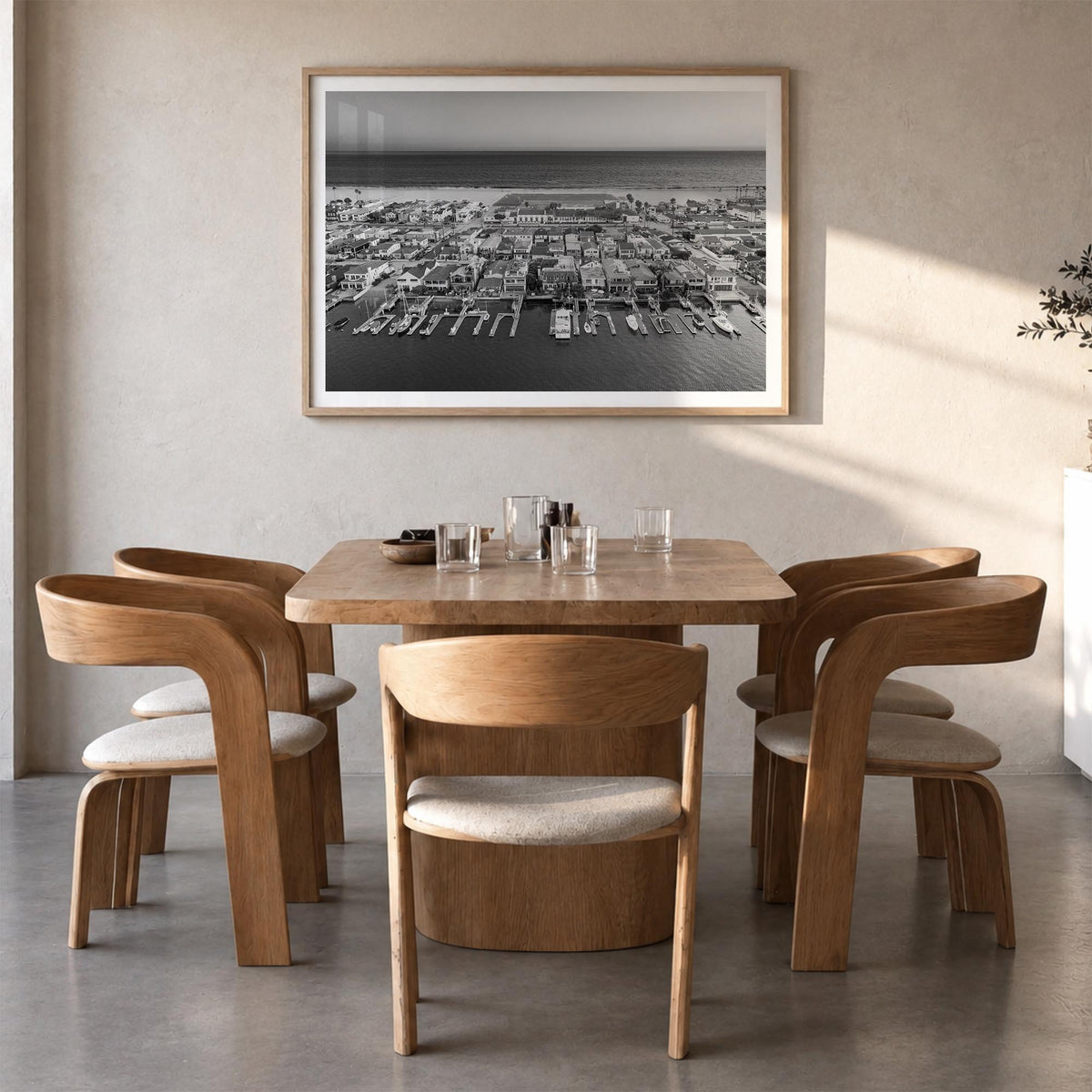 Newport Beach black & white photo poster of California, USA – horizontal wall art in natural wood frame with white border, ha