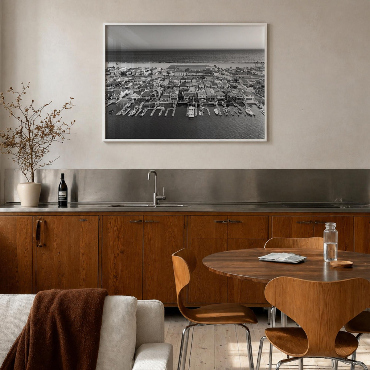 Newport Beach black & white photo poster of California, USA – horizontal wall art in white wood frame, hanging on wall