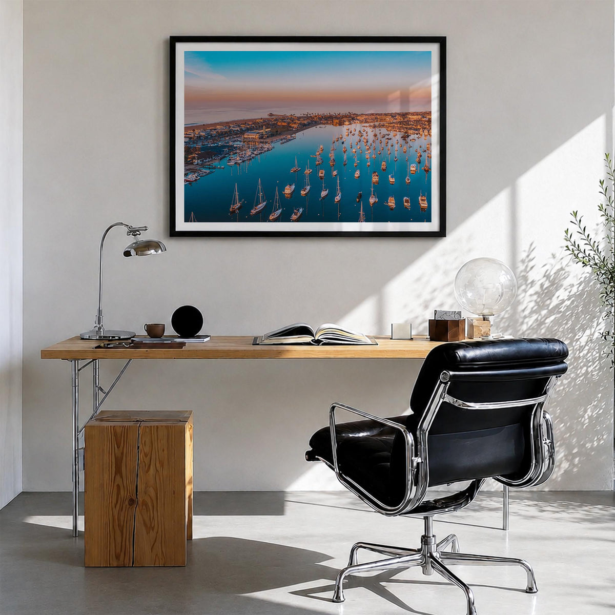 Newport Beach colorful photo poster of California, USA – horizontal wall art in black wood frame with white border, hanging o