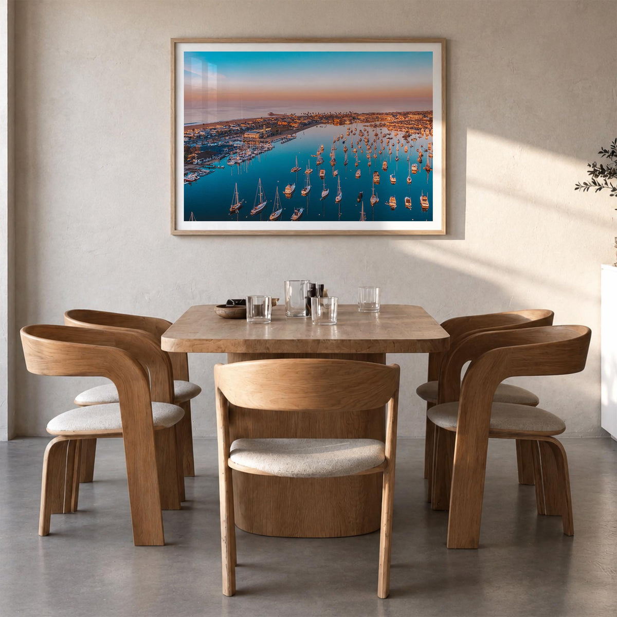 Newport Beach colorful photo poster of California, USA – horizontal wall art in natural wood frame with white border, hanging
