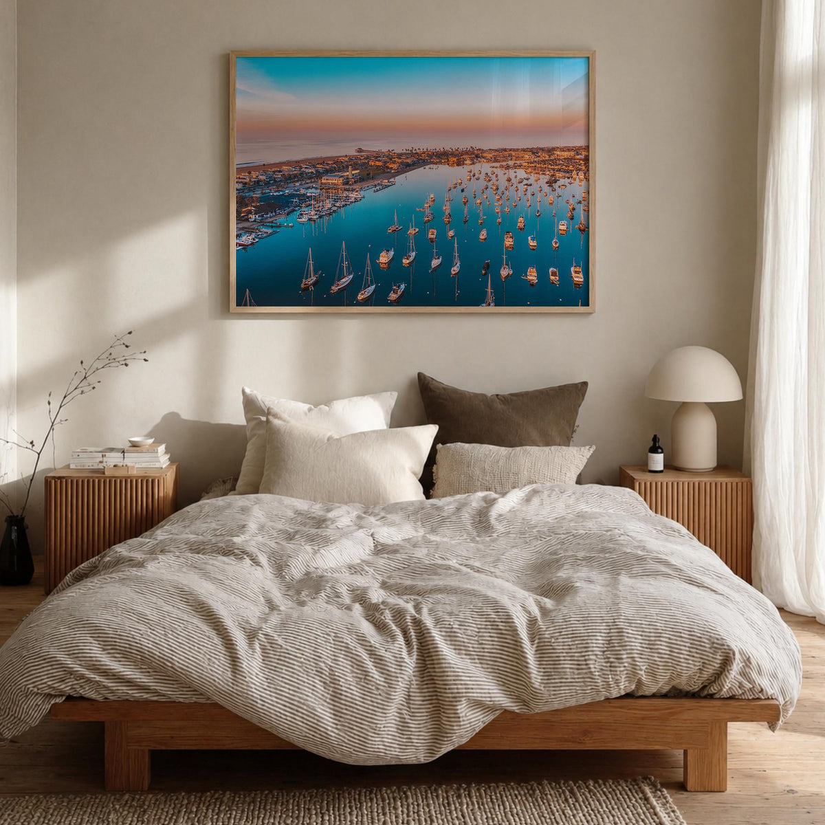 Newport Beach colorful photo poster of California, USA – horizontal wall art in natural wood frame, hanging on wall
