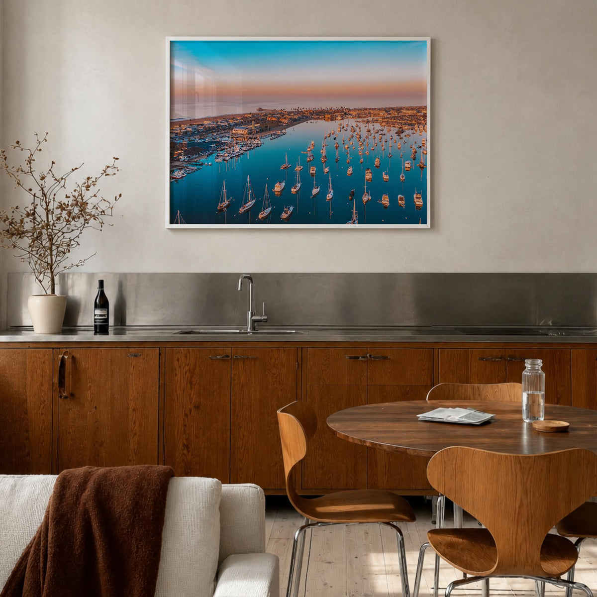 Newport Beach colorful photo poster of California, USA – horizontal wall art in white wood frame, hanging on wall