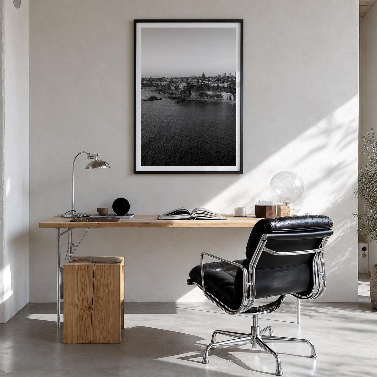 Newport Beach no. 1 black & white photo poster of California, USA – vertical wall art in black wood frame with white border,