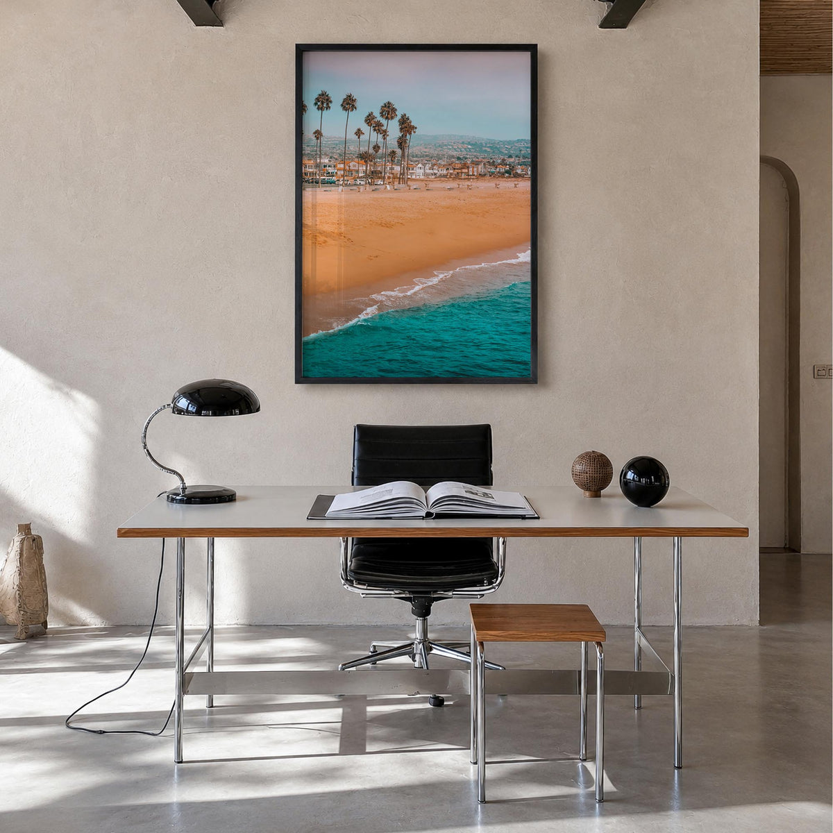 Newport Beach no. 1 colorful photo poster of California, USA – vertical wall art in black wood frame, hanging on wall