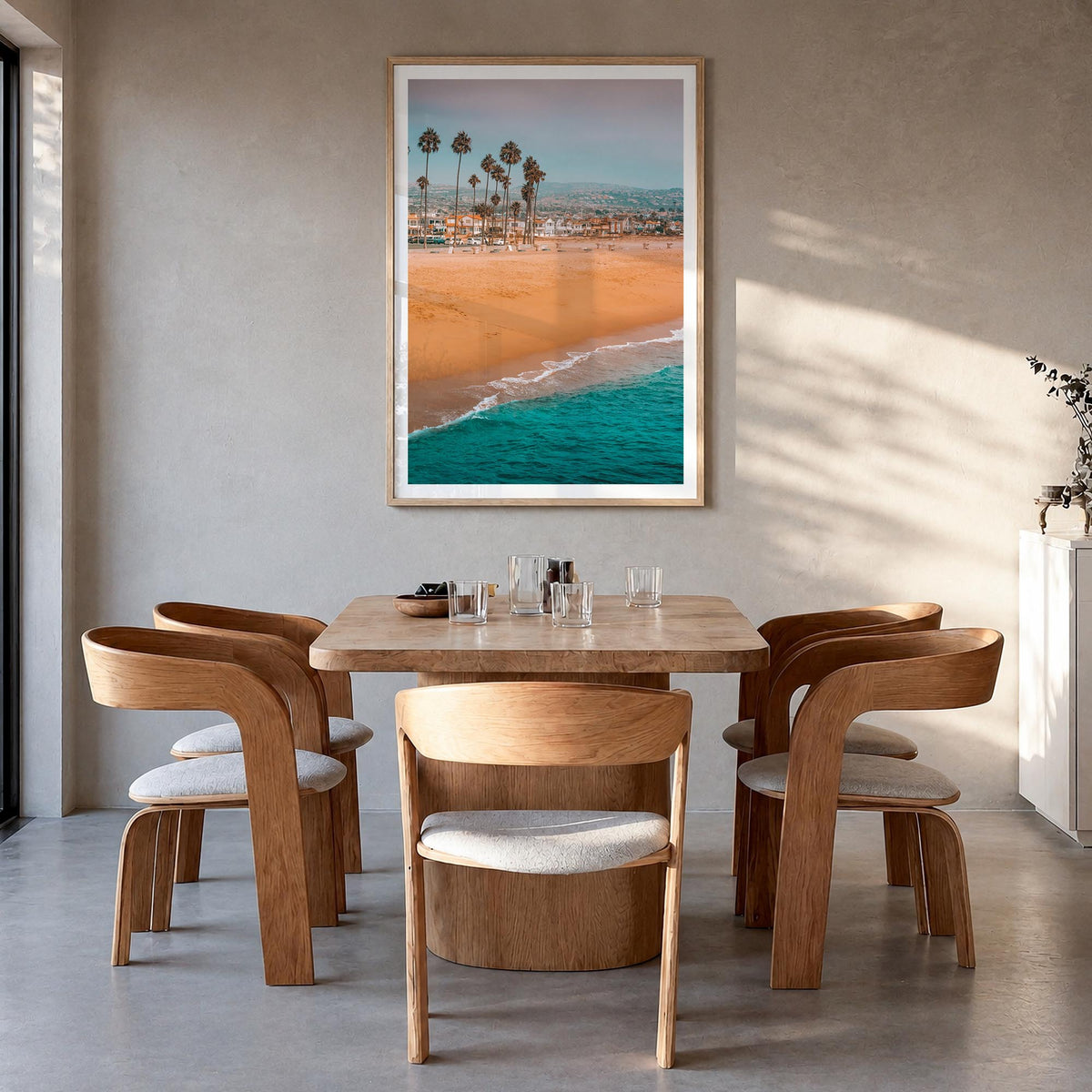 Newport Beach no. 1 colorful photo poster of California, USA – vertical wall art in natural wood frame with white border, han
