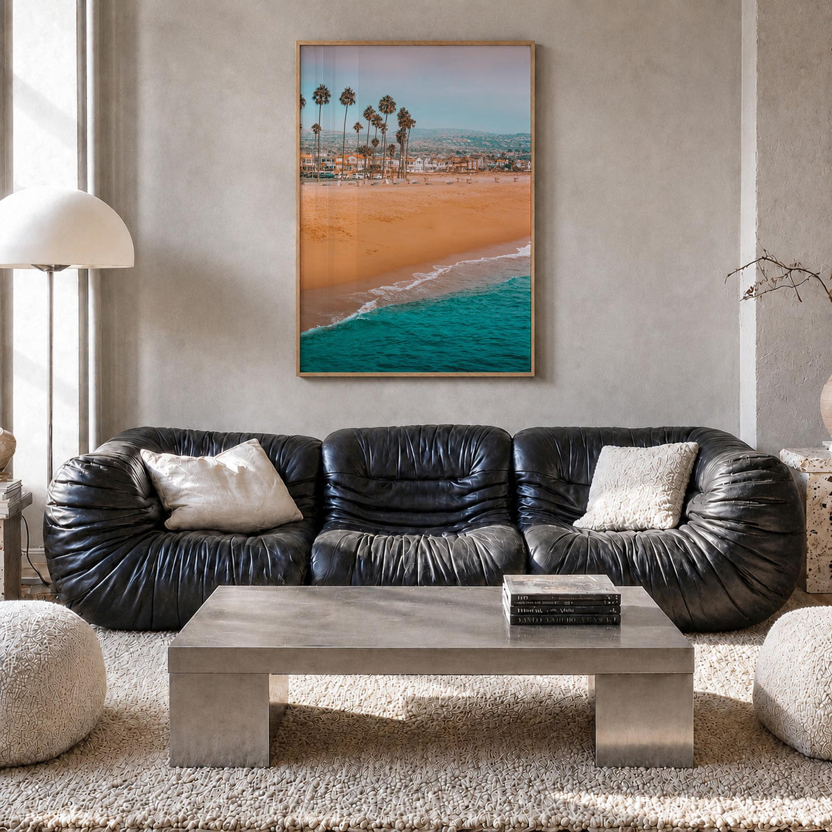 Newport Beach no. 1 colorful photo poster of California, USA – vertical wall art in natural wood frame, hanging on wall