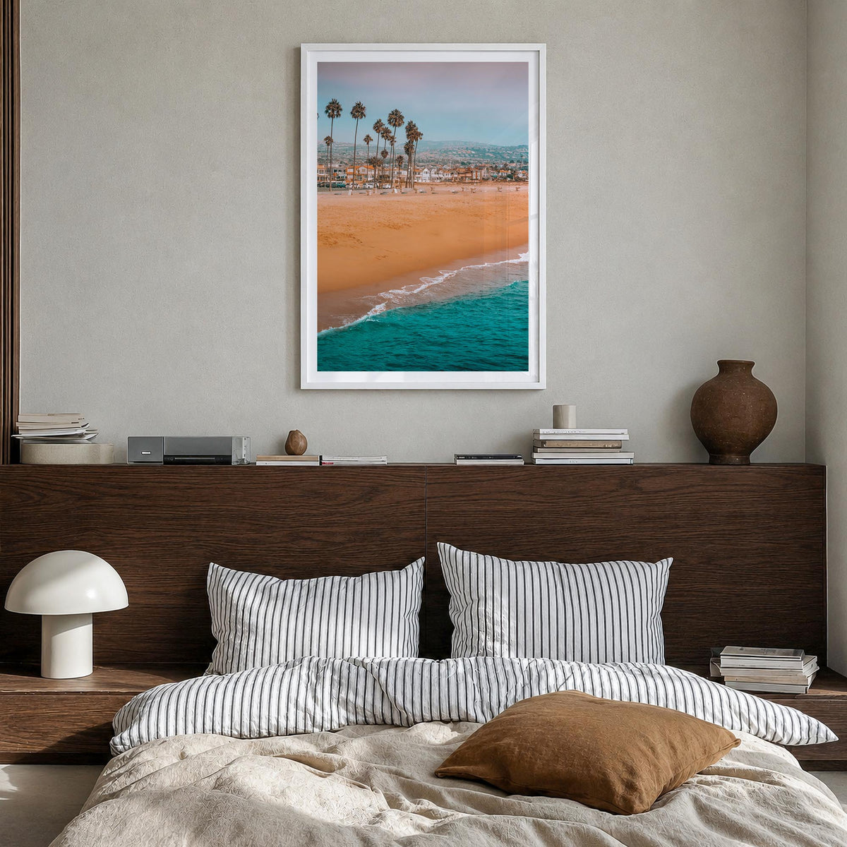 Newport Beach no. 1 colorful photo poster of California, USA – vertical wall art in white wood frame with white border, hangi