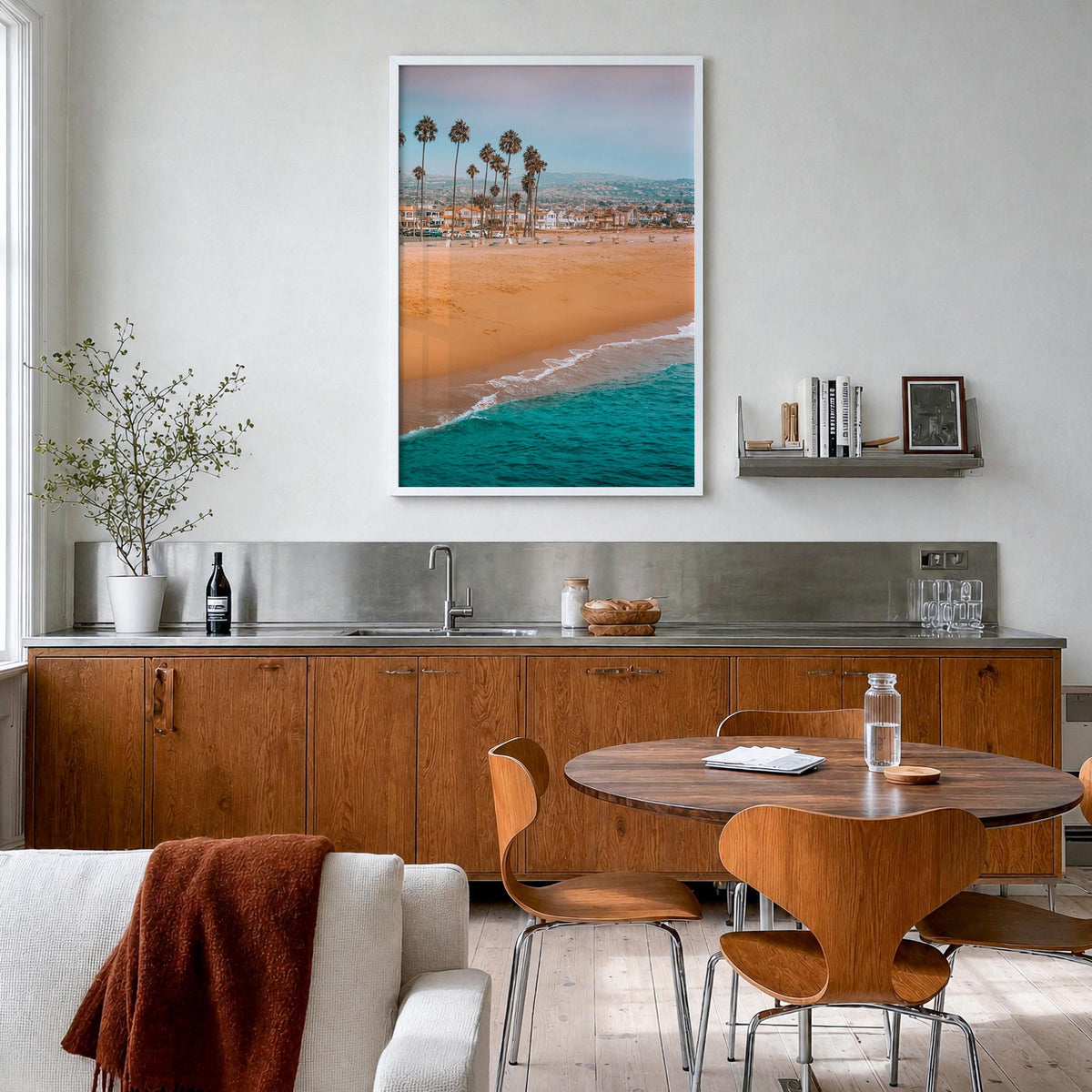 Newport Beach no. 1 colorful photo poster of California, USA – vertical wall art in white wood frame, hanging on wall