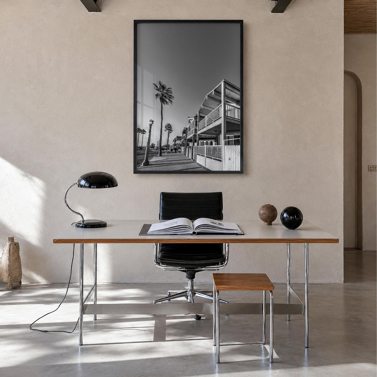 Newport Beach no. 2 black & white photo poster of California, USA – vertical wall art in black wood frame, hanging on wall