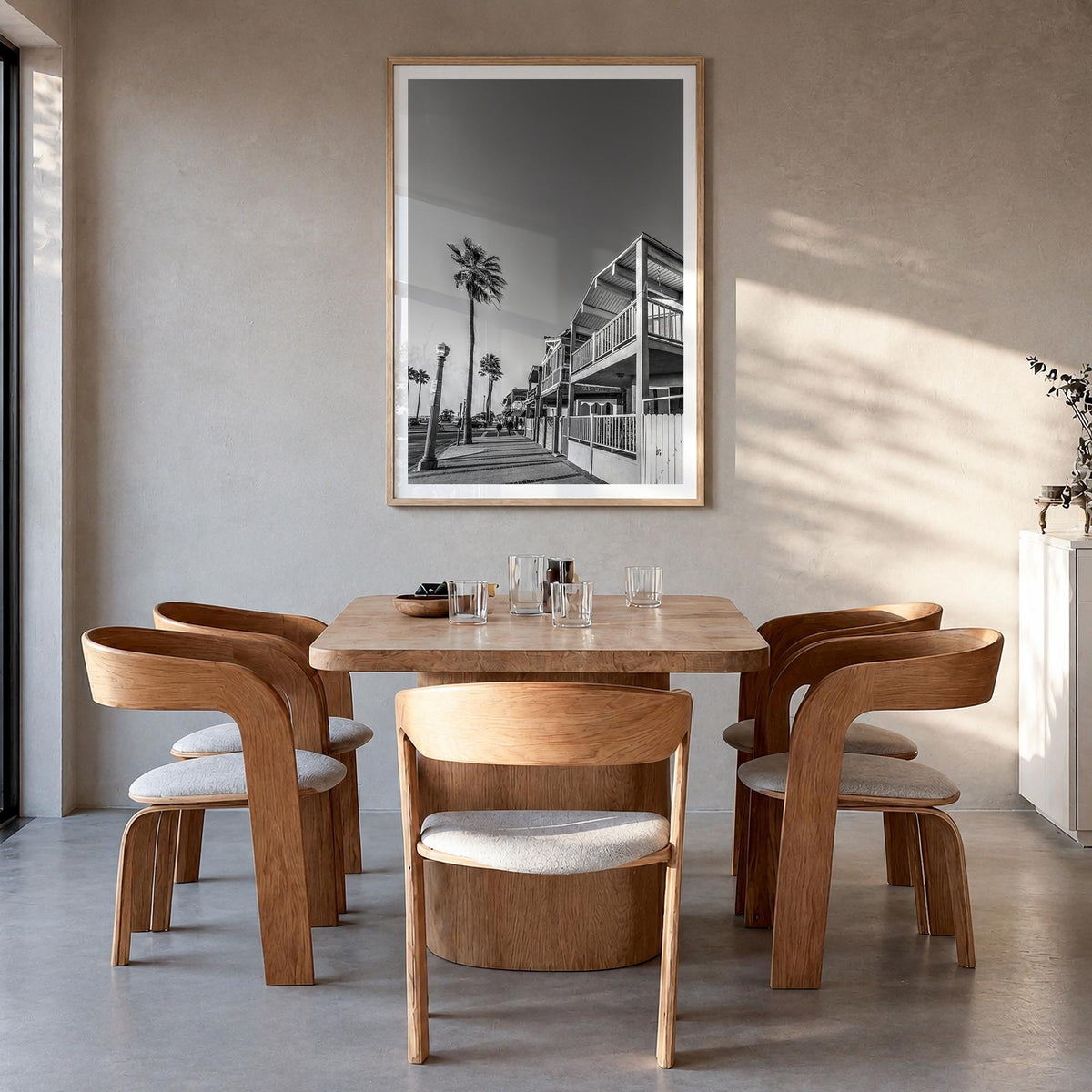 Newport Beach no. 2 black & white photo poster of California, USA – vertical wall art in natural wood frame with white border