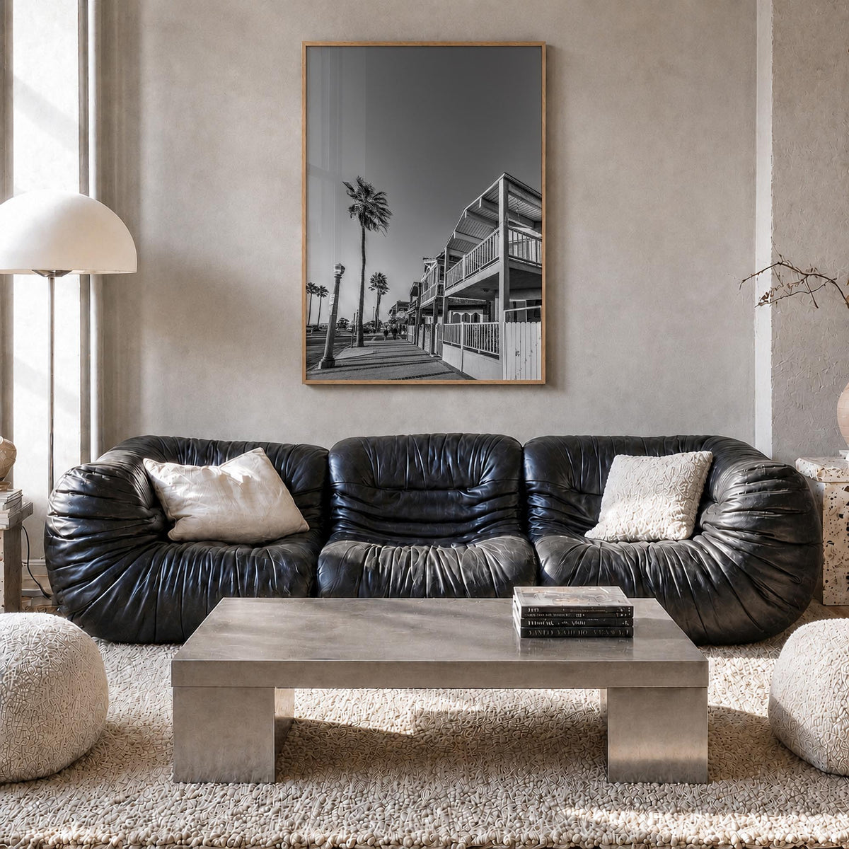 Newport Beach no. 2 black & white photo poster of California, USA – vertical wall art in natural wood frame, hanging on wall
