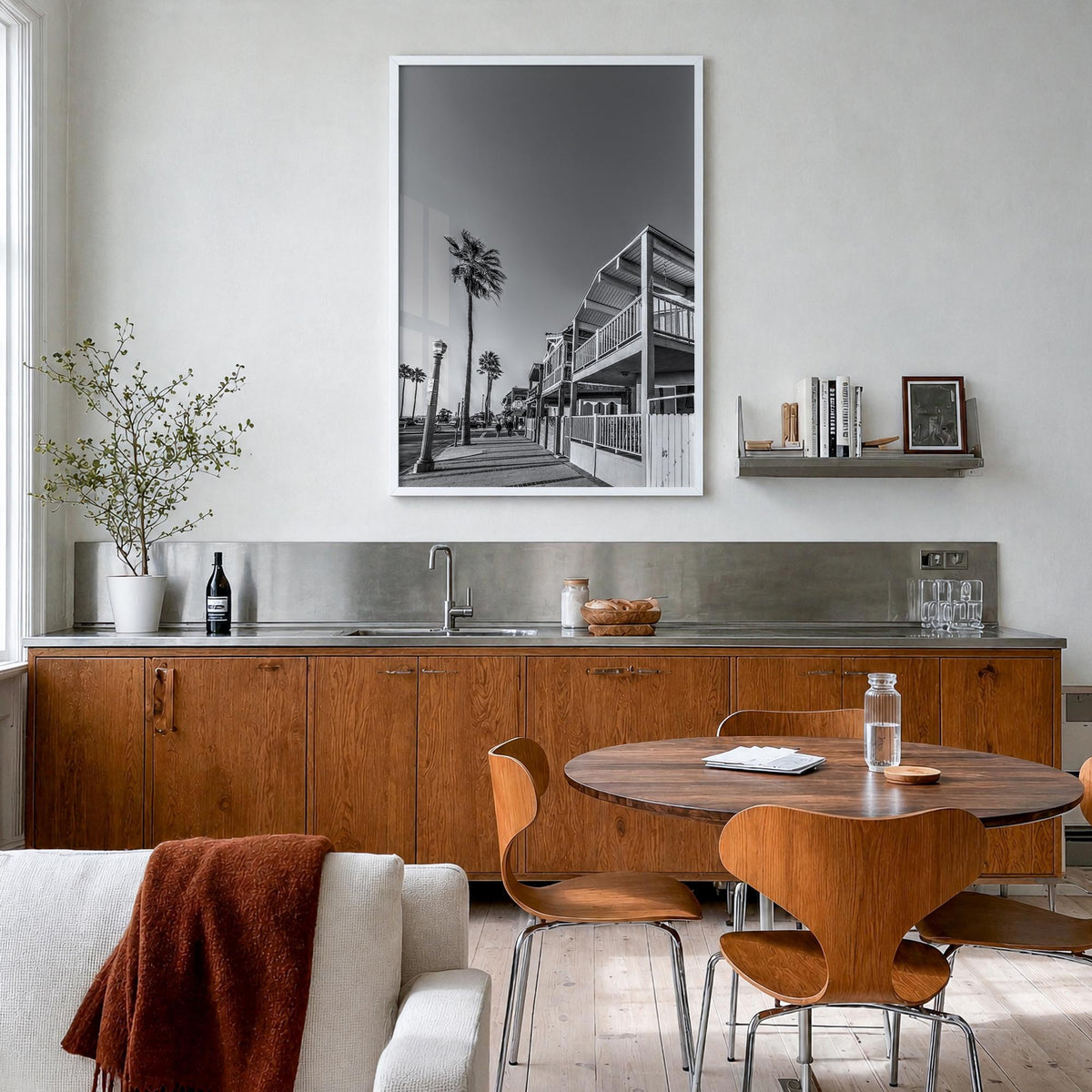 Newport Beach no. 2 black & white photo poster of California, USA – vertical wall art in white wood frame, hanging on wall